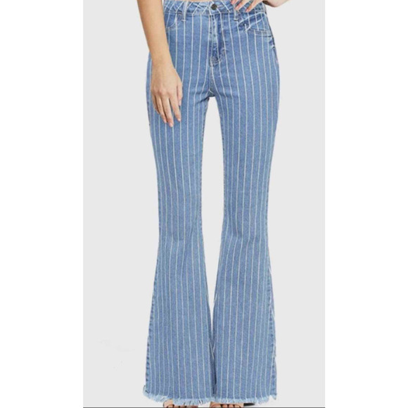 Cello Striped High‎ Rise Skinny Flare Jeans Size 11 - Inseam 28 Waist 30 - Picture 1 of 4